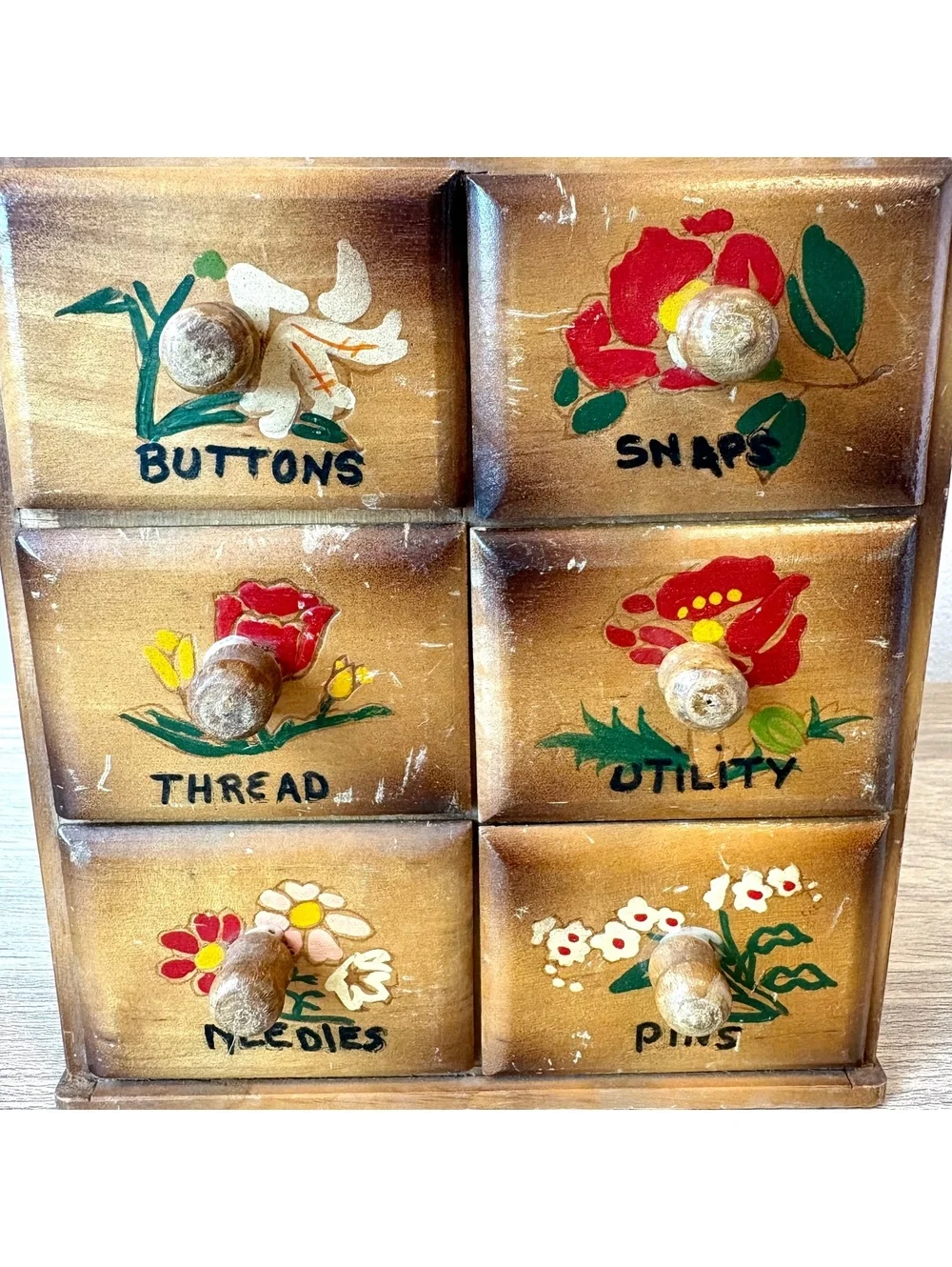Vintage Handmade Wooden Sewing Notions Cabinet 6 Drawer Folk Art Buttons Storage